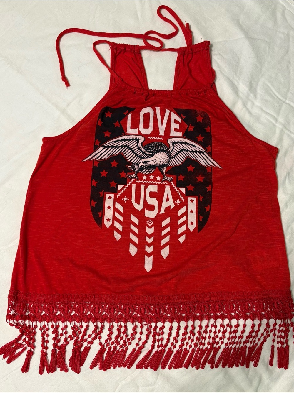 Red USA Eagle Fringe Halter Crop Top